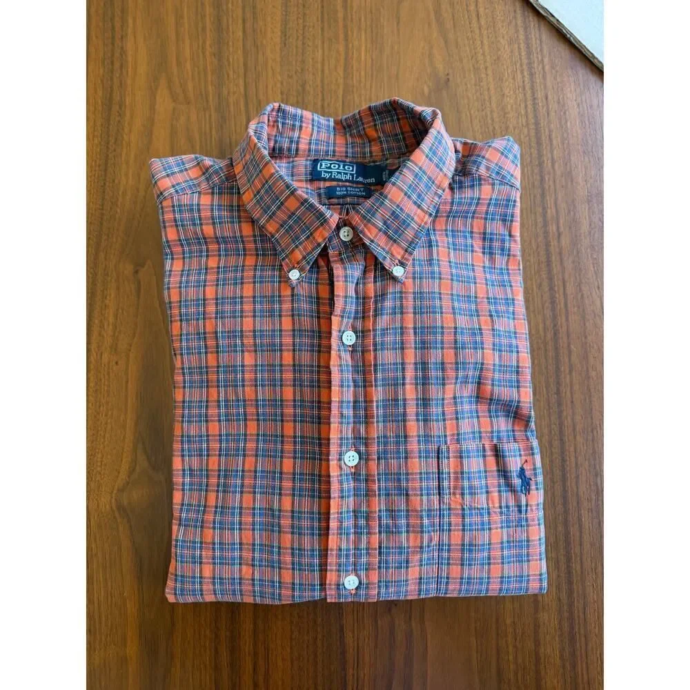 Vintage Polo Ralph Lauren Men's Big Shirt Orange/Blue Plaid Button Down - Size L